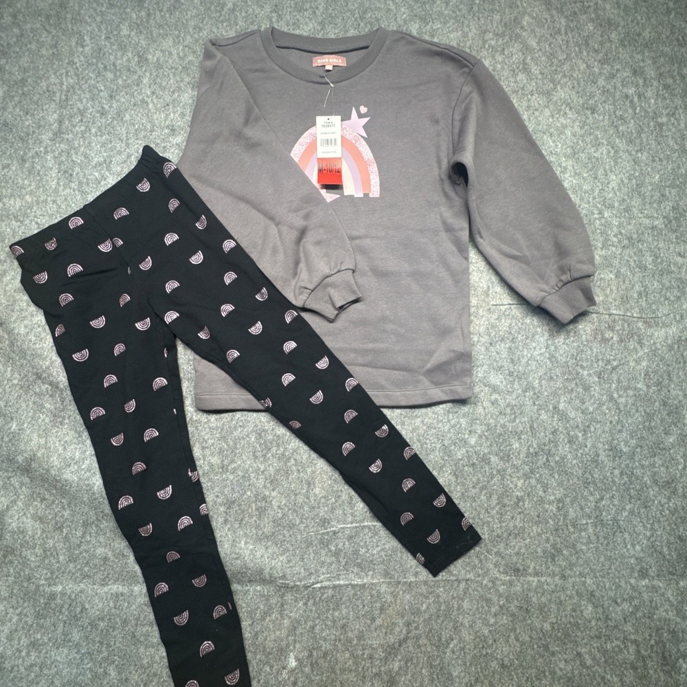 BCBG Girls 2pc Set Gray Rainbow Sweatshirt Black Glitter Leggings Size M 10/12